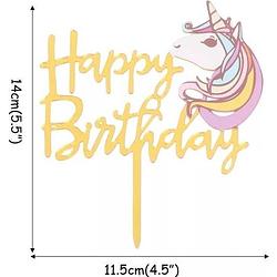 Foto van Cake topper happy birthday unicorn goud - eenhoorn taart versiering