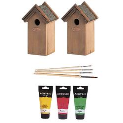 Foto van 2x houten vogelhuisje/nestkastje 22 cm - rood/geel/groen dhz schilderen pakket - vogelhuisjes
