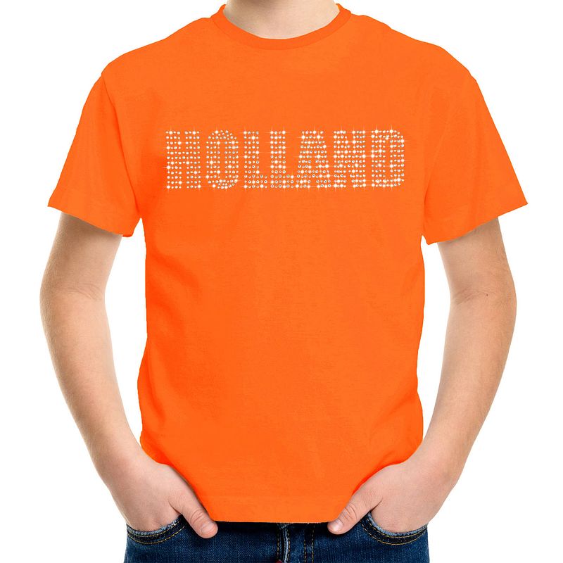 Foto van Glitter holland t-shirt oranje rhinestone steentjes voor kinderen nederland supporter ek/ wk m - feestshirts