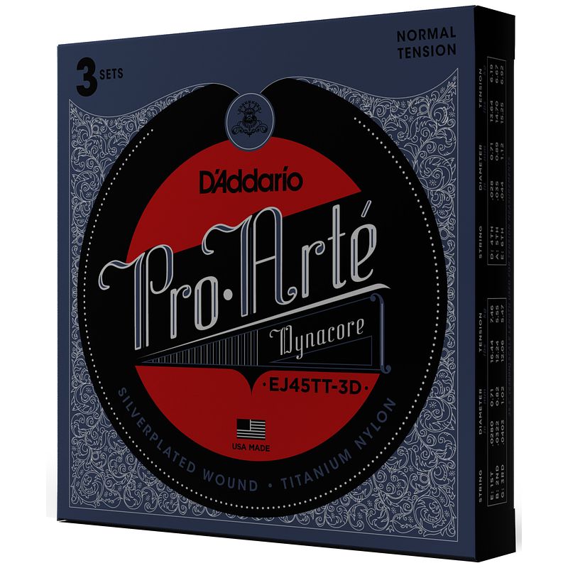 Foto van D'saddario ej45tt-3d pro-arte titanium trebles extra-hard tension snaren voor klassieke gitaar (3 sets)