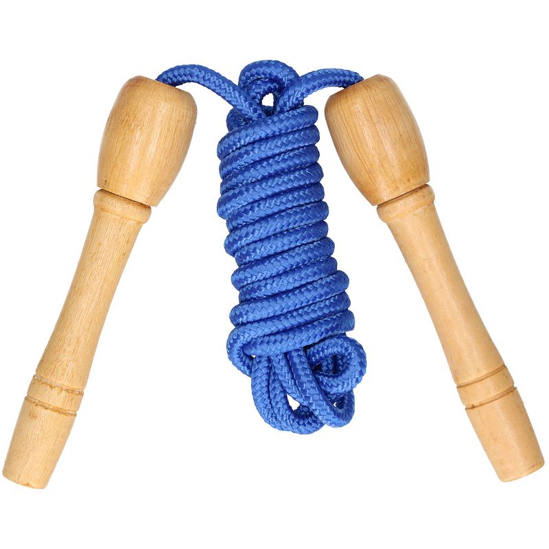 Foto van Kids fun springtouw speelgoed met houten handvat - blauw - 240 cma?a - buitenspeelgoed - springtouwen