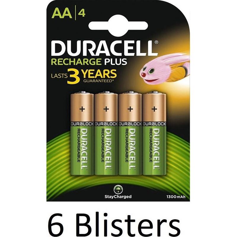 Foto van 24 stuks (6 blisters a 4 st) duracell aa oplaadbare batterijen