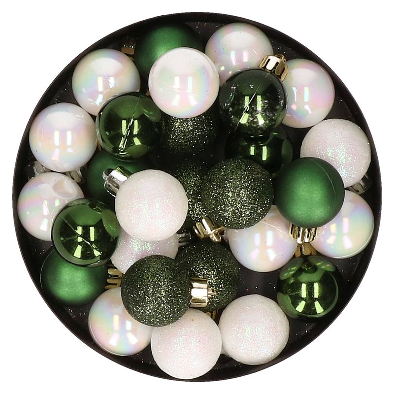 Foto van 28x stuks kunststof kerstballen parelmoer wit en donkergroen mix 3 cm - kerstbal