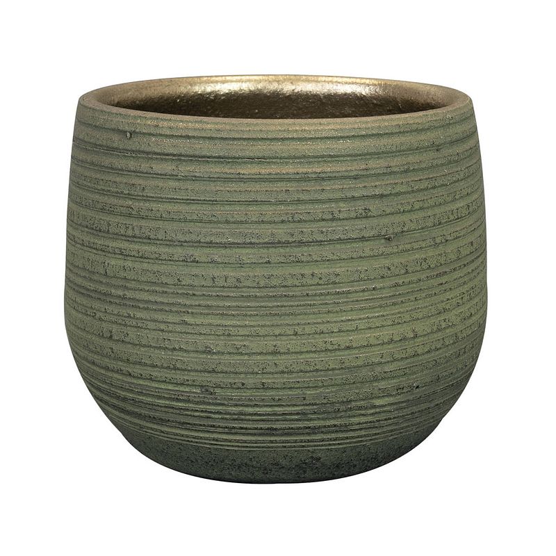 Foto van Plantenpot/bloempot keramiek donkergroen stripes relief - d18/h16 cm - plantenpotten