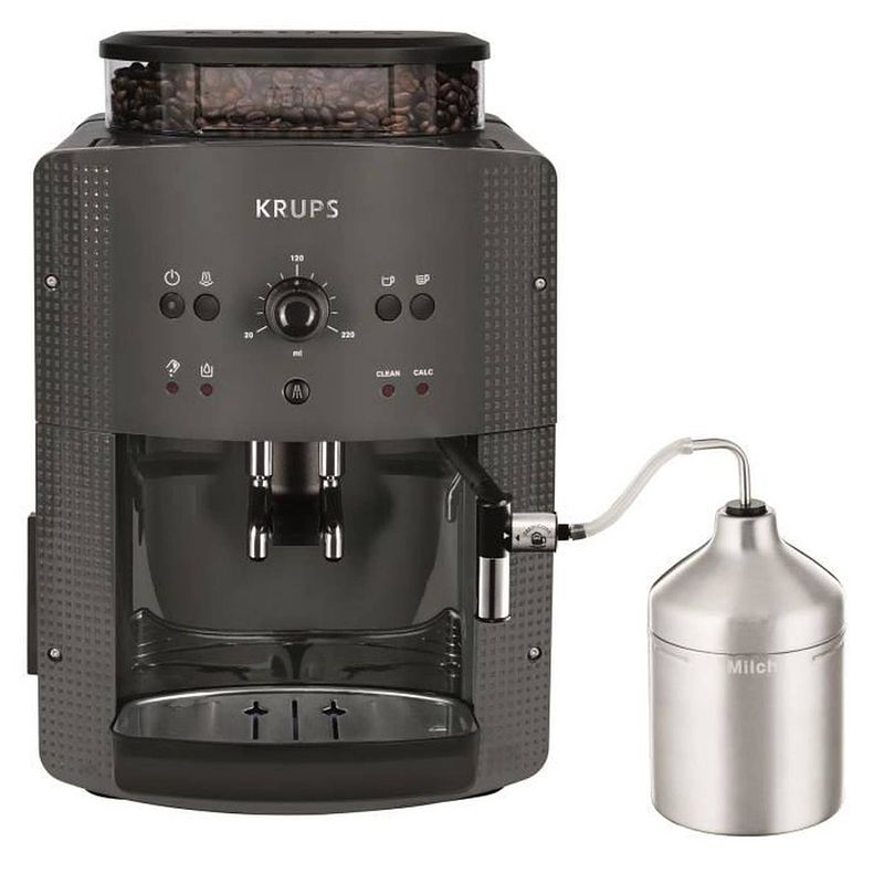 Foto van Krups koffiezetapparaat met bonenmaler, melkopschuimer, 2 espressokoppen tegelijk, essential grijs yy5149fd
