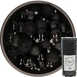 Foto van 37x stuks kunststof kerstballen 6 cm inclusief kralenslinger zwart - kerstbal