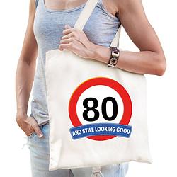 Foto van Verkeersbord / stopbord 80/tachtig katoenen cadeau tas wit voor dames en heren - feest boodschappentassen