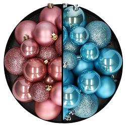 Foto van Kerstballen 60x stuks - mix oudroze/ijsblauw - 4-5-6 cm - kunststof - kerstbal