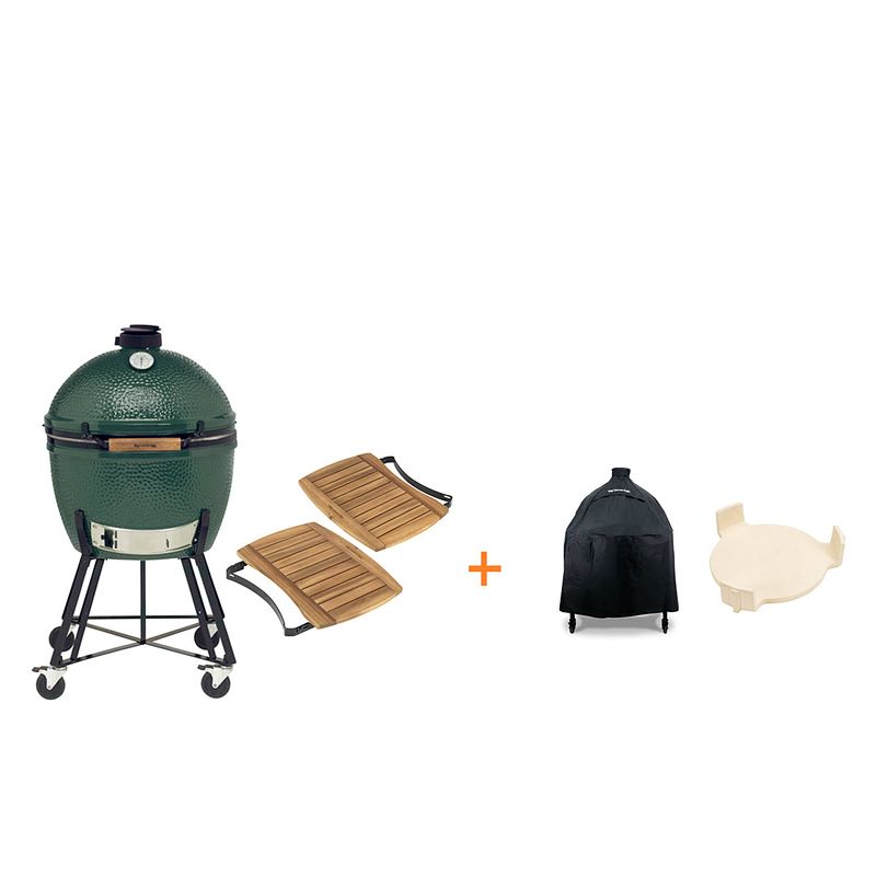 Foto van Big green egg xlarge met onderstel, zijtafels en hoes