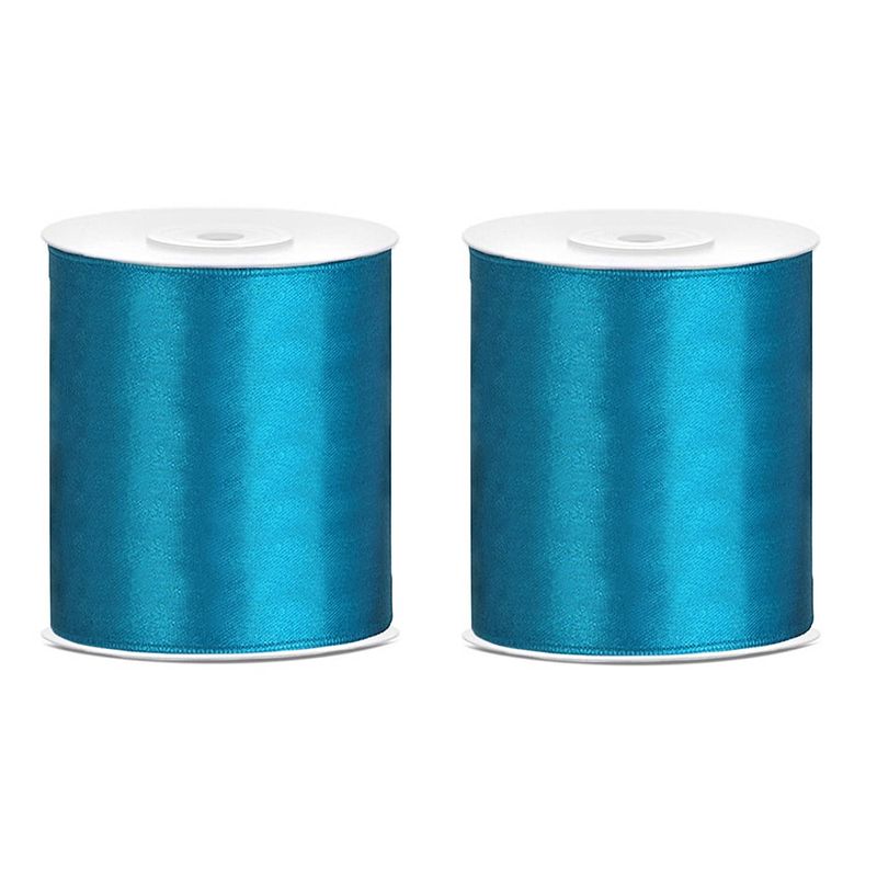 Foto van 2x hobby/decoratie turquoise blauw satijnen sierlinten 10 cm/100 mm x 25 meter - cadeaulinten