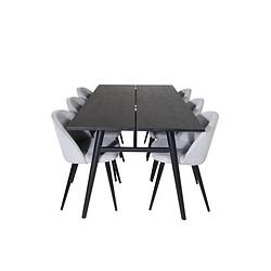 Foto van Sleek eethoek eetkamertafel uitschuifbare tafel lengte cm 195 / 280 zwart en 6 velvet eetkamerstal fluweel lichtgrijs,