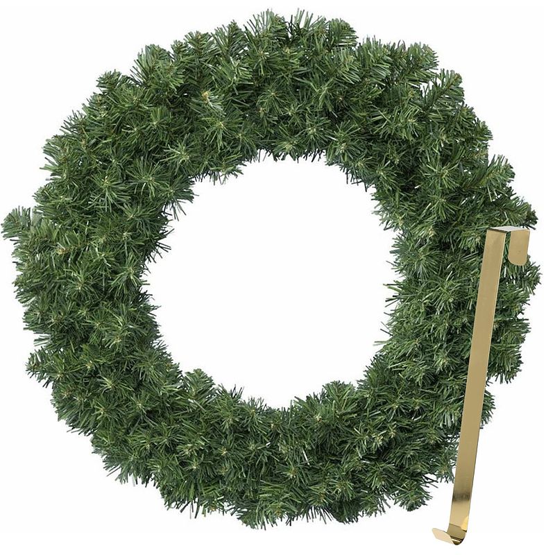 Foto van Kerstkrans 50 cm - groen - met gouden hanger/ophanghaak - kerstversiering - kerstkransen