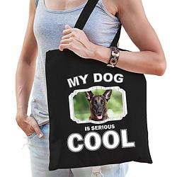 Foto van Katoenen tasje my dog is serious cool zwart - mechelse herder honden cadeau tas - feest boodschappentassen