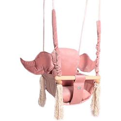Foto van Luxe houten handgemaakte roze baby schommel en kinder schommel met olifant vormig kussen