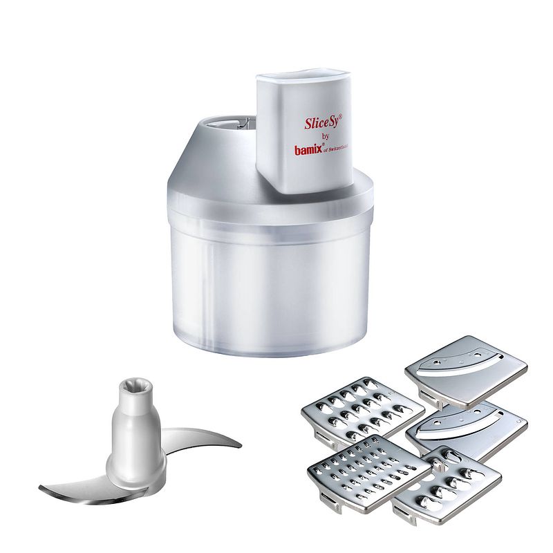 Foto van Bamix slicesy keukenmachine voor staafmixer - grijs - met 6 accessoires