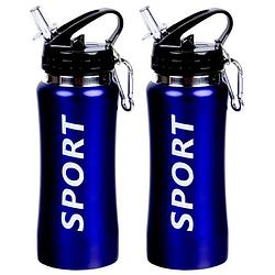 Foto van 2x sport bidon drinkfles/waterfles sport print blauw 420 ml - drinkflessen