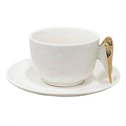 Foto van Clayre & eef kop en schotel 175 ml wit keramiek vleugels servies cadeau voor haar cappuccino wit servies cadeau voor