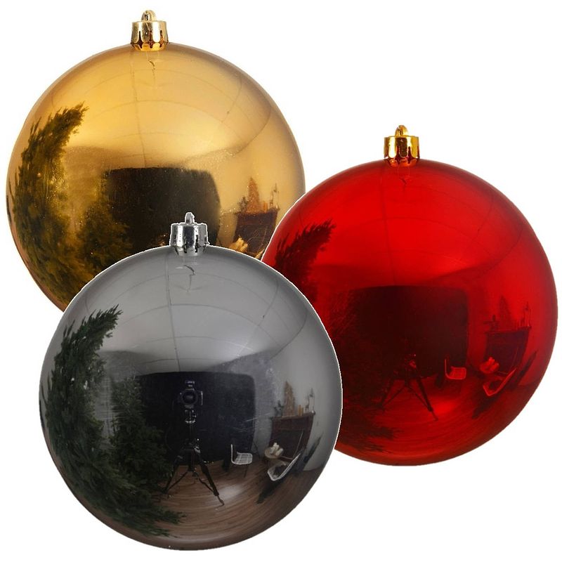 Foto van 3x grote kerstballen rood goud en zilver van 25 cm glans van kunststof - kerstbal