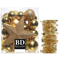 Foto van Kerstversiering kerstballen 5-6-8 cm met ster piek en sterren slingers pakket goud van 35x stuks - kerstbal