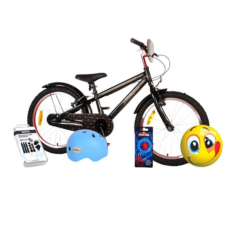 Foto van Volare kinderfiets spider-man - 20 inch - zwart - twee handremmen - inclusief fietshelm & accessoires