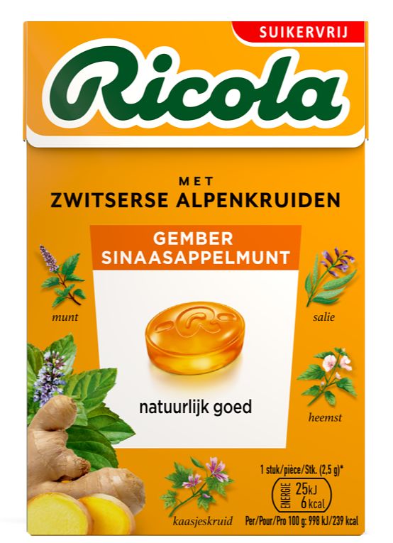 Foto van Ricola gember sinaasappelmunt suikervrij doosje