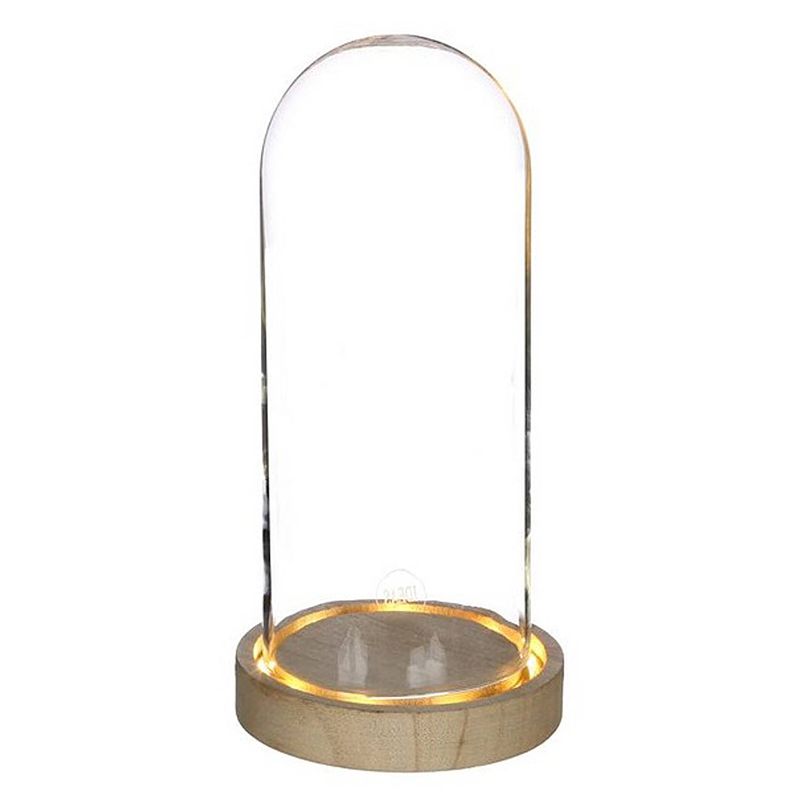 Foto van Ideas 4 seasons decoratie stolp - glas - houten plateau - led licht - d10 x h20,5 cm - decoratieve stolpen