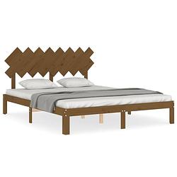 Foto van The living store bed - massief grenenhout - multiplex lattenbodem - 203.5 x 163.5 x 80.5 cm - honingbruin