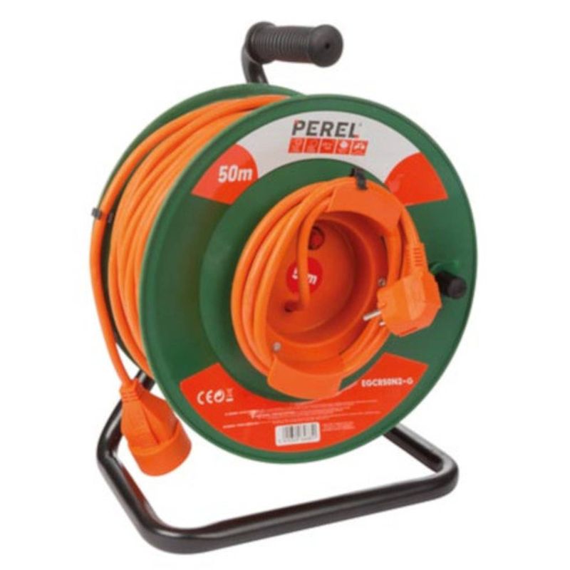 Foto van Perel kabelhaspel schuko 230v 50 meter pvc groen/oranje/zwart