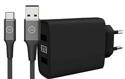 Foto van Xtrememac quick charge oplader met 2 usb a poorten 18w + usb c kabel 1,5m nylon zwart