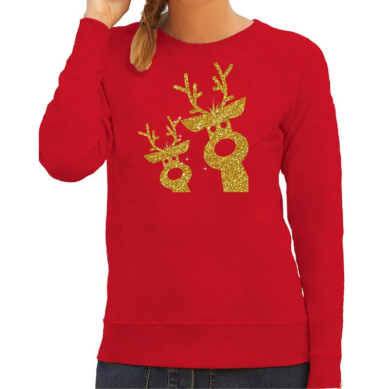 Foto van Bellatio decorations foute kersttrui/sweater voor dames - gouden rendieren - rood - glitter goud xs - kerst truien