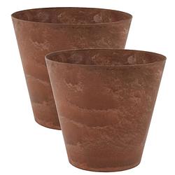 Foto van 2x stuks plantenpot/bloempot in een natuursteen look dia 22 cm en hoogte 20 cm dark terra cotta - plantenpotten