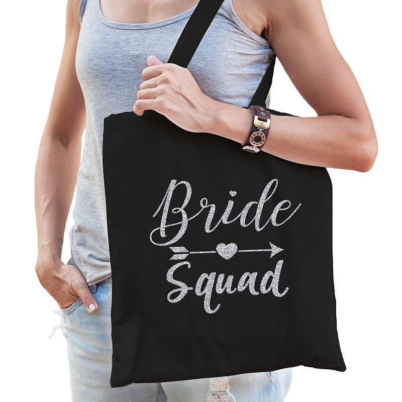 Foto van 1x vrijgezellenfeest bride squad tasje zwart/zilver goodiebag dames - feest boodschappentassen