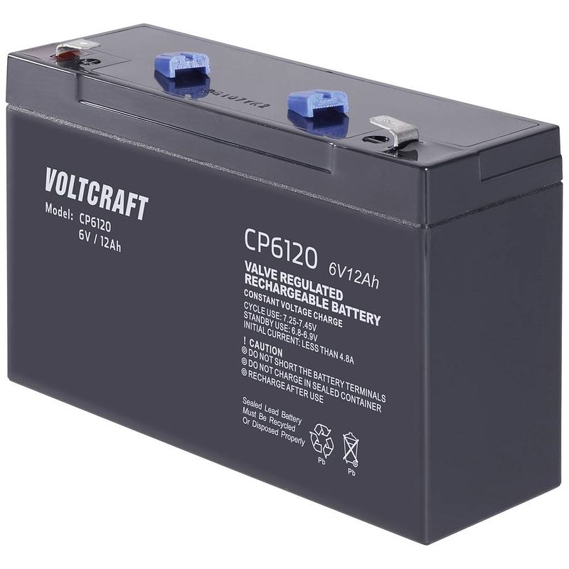 Foto van Voltcraft ce6v/12ah loodaccu 6 v 12 ah loodvlies (agm) (b x h x d) 151 x 100 x 50 mm kabelschoen 6.35 mm onderhoudsvrij