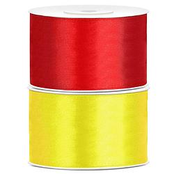 Foto van Set van 2 stuks sierlinten/cadeaulinten/satijnen linten geel en rood 38 mm x 25 meter - cadeaulinten