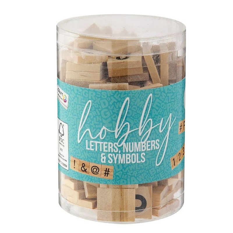 Foto van Hobby knutsel letters/cijfers/symbolen - hout - 2 cm - 125 stuks - hobbydecoratieobject