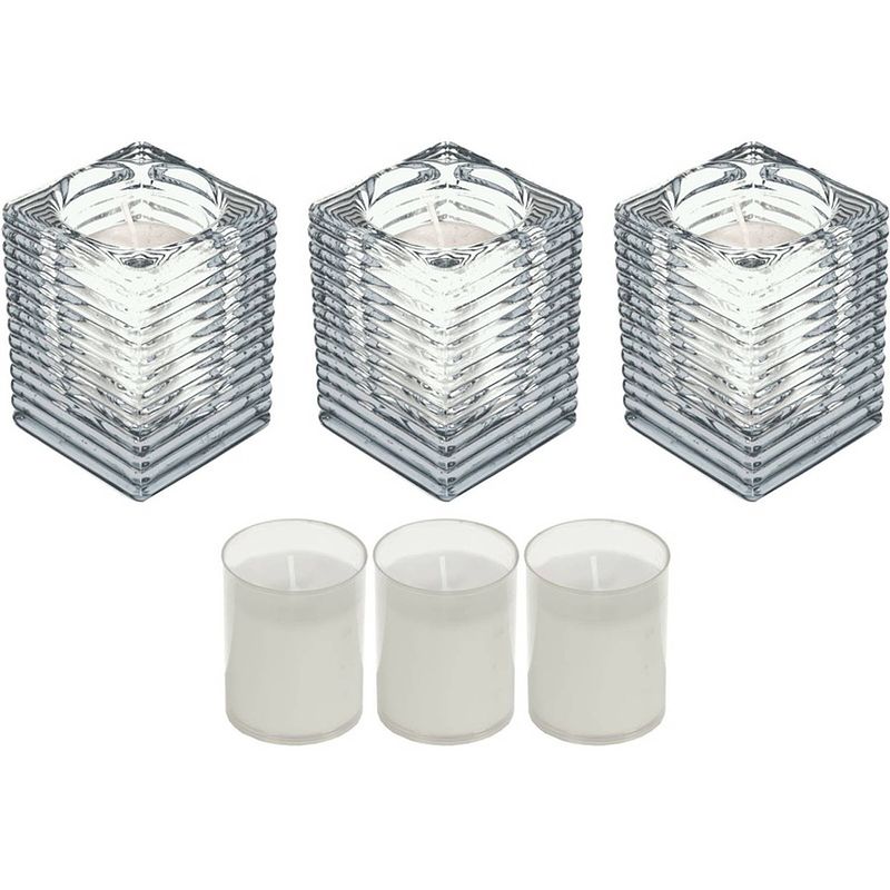 Foto van 3x kaarsen wit in kaarsenhouders met 3 navullingen 7 x 10 cm 24 branduren sfeerkaarsen - stompkaarsen