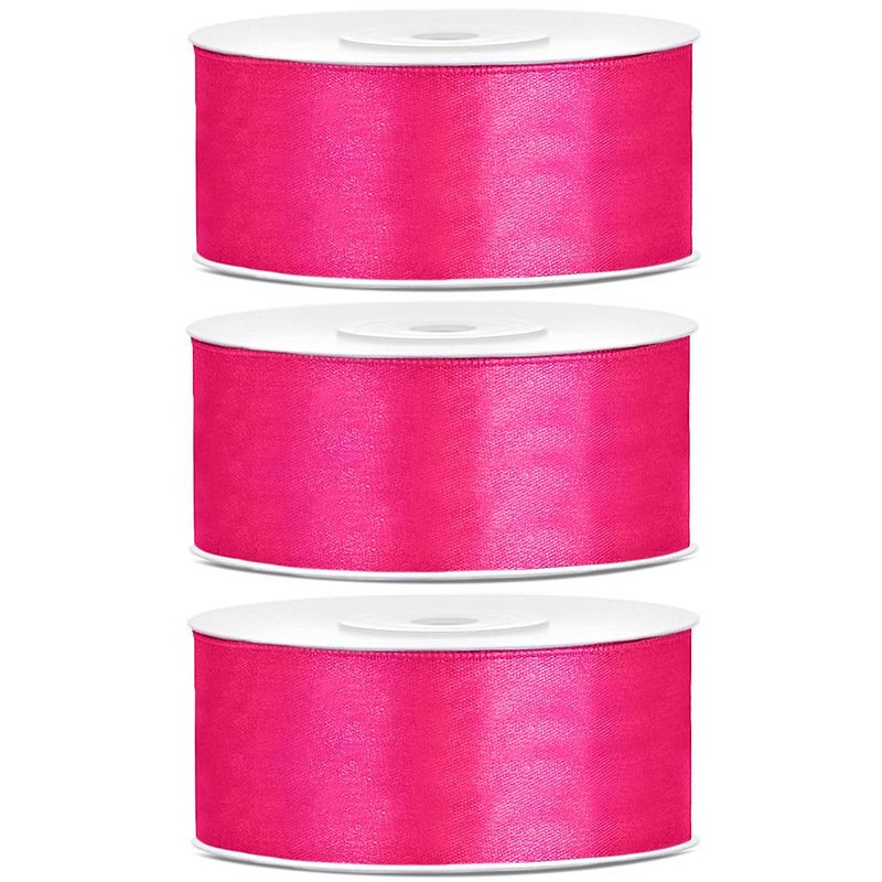 Foto van 3x hobby/decoratie donker roze satijnen sierlint 2,5 cm/25 mm x 25 meter - cadeaulinten