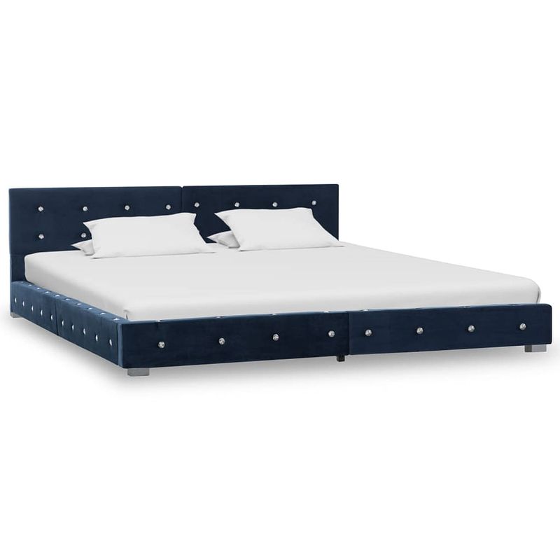 Foto van The living store bedframe - klassiek blauw - 214.5 x 174 x 64 cm - gepoedercoat ijzer - mdf - multiplex - fluweel