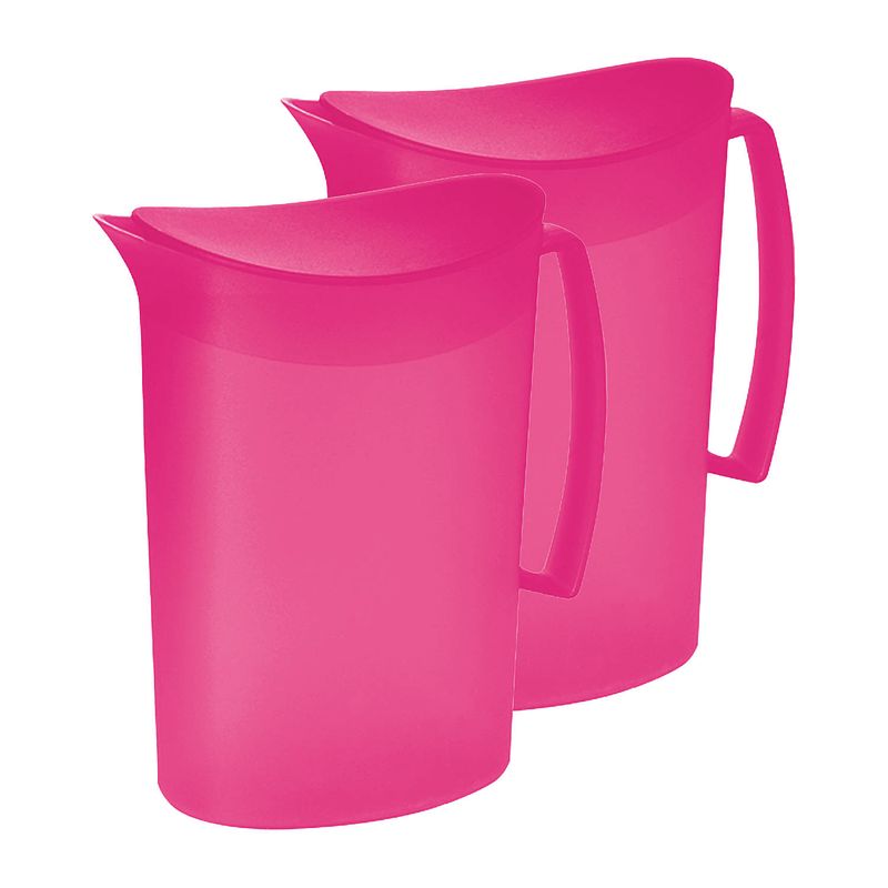 Foto van Juypal schenkkan/waterkan - 2x - fuchsia roze - 2 liter - kunststof - l20 x h23 cm - met deksel - schenkkannen