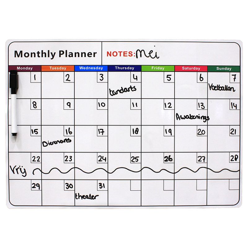 Foto van Lowander familieplanner magnetisch whiteboard a3 30x42 cm - maandplanner weekplanner - incl. stift en wisser