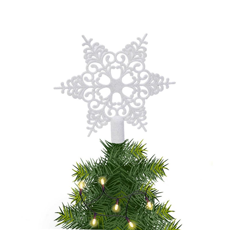 Foto van Kerstboom piek open kunststof kerst ster parelmoer wit met glitters h19 cm - kerstboompieken