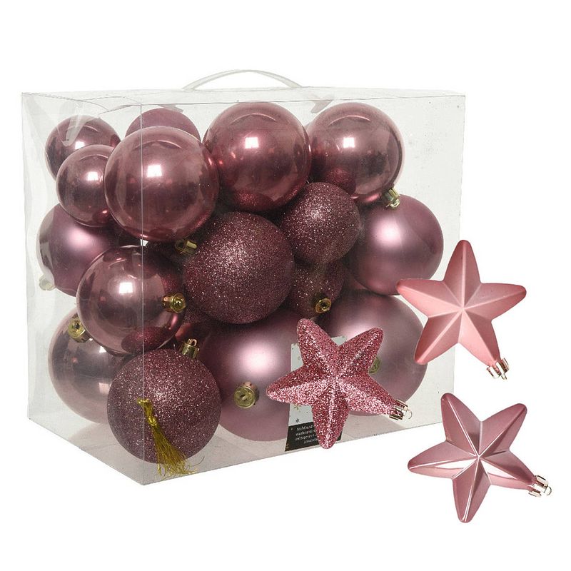 Foto van Pakket 32x stuks kunststof kerstballen en sterren ornamenten oud roze - kerstbal