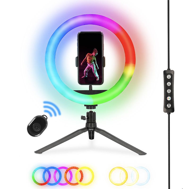 Foto van Nikkei rlightxmini ringlamp met statief smartphone - ring light - 10 inch - rgb kleuren en effecten - afstandsbediening