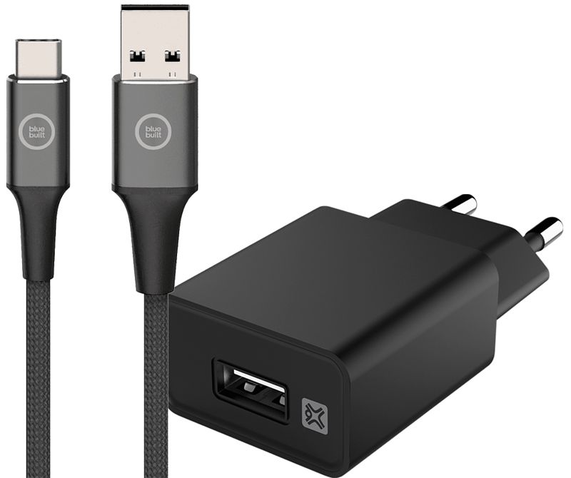 Foto van Xtrememac oplader 12w zwart + usb c kabel 1m nylon zwart