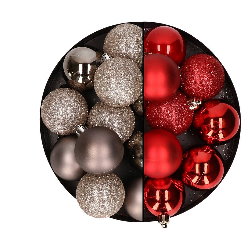 Foto van 24x stuks kunststof kerstballen mix van champagne en rood 6 cm - kerstbal