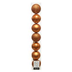 Foto van 7x stuks kunststof kerstballen cognac bruin (amber) 8 cm glans/mat/glitter - kerstbal