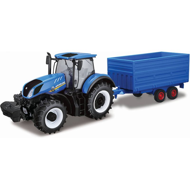 Foto van Bburago miniatuur new holland tractor met trailer blauw