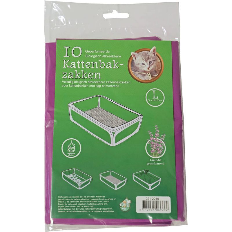 Foto van 10 x stuks bio kattenbak afvalzakken lavendel 50 x 20 x 37 cm - kattenbakzakken - voorkomt vieze geuren