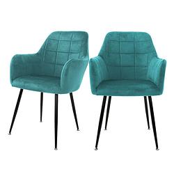 Foto van Eetkamerstoelen met rugleuning en armleuningen set van 2 turquoise fluwelen bekleding met metalen poten ml-design