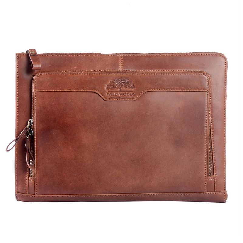 Foto van Wild woods 13 inch leren laptop sleeve met opbergvakken - tablettas - pull-up leer - cognac